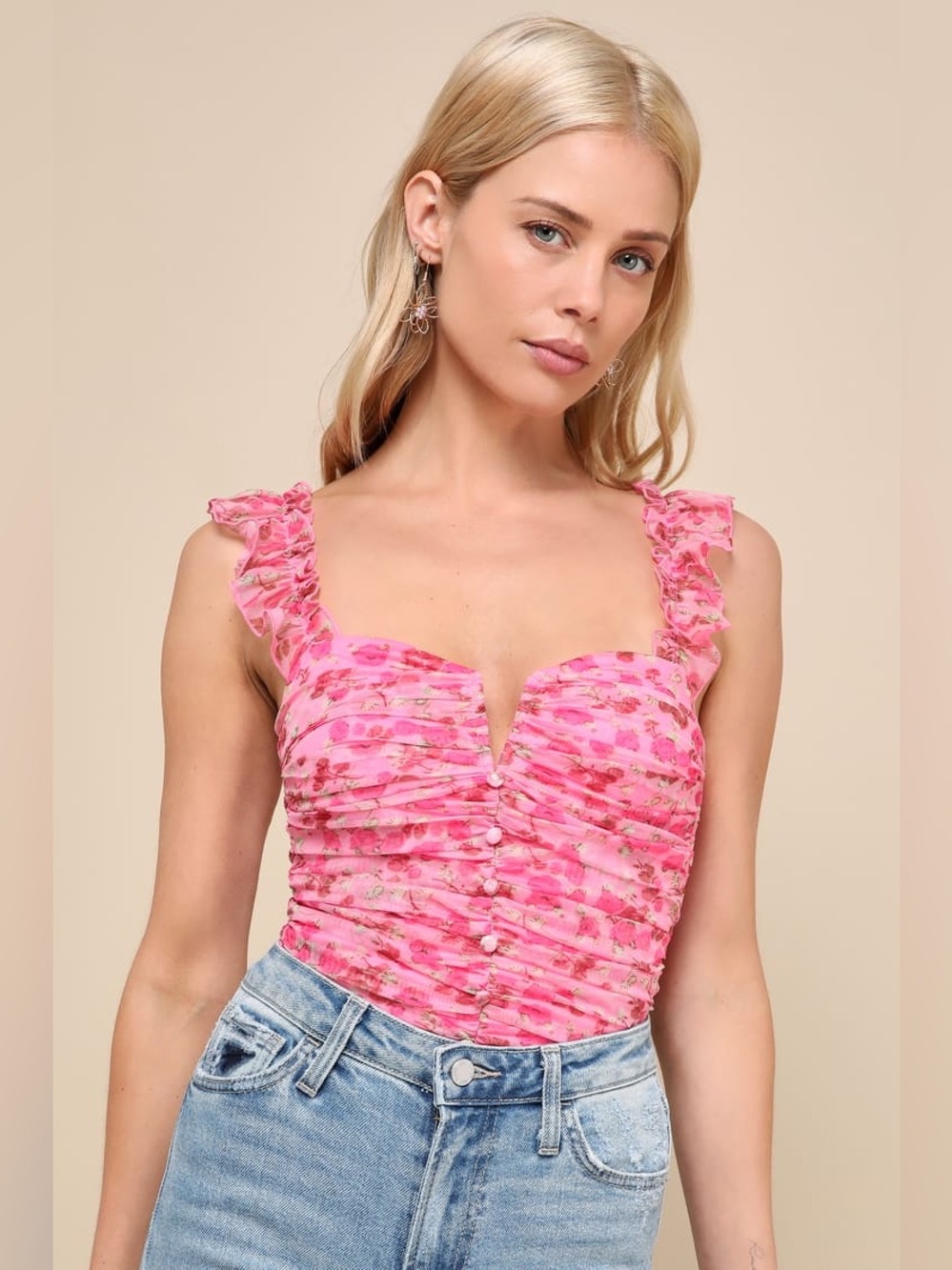 Lulus Flirtatious Sweetness Hot Pink Floral Ruched Ruffled Tank Top